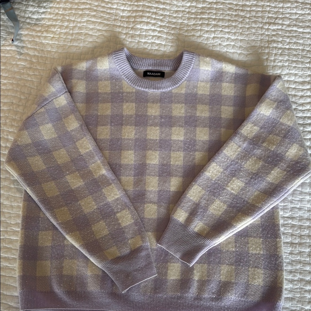 NAADAM Purple and Cream Crewneck Sweater with Checkered Pattern